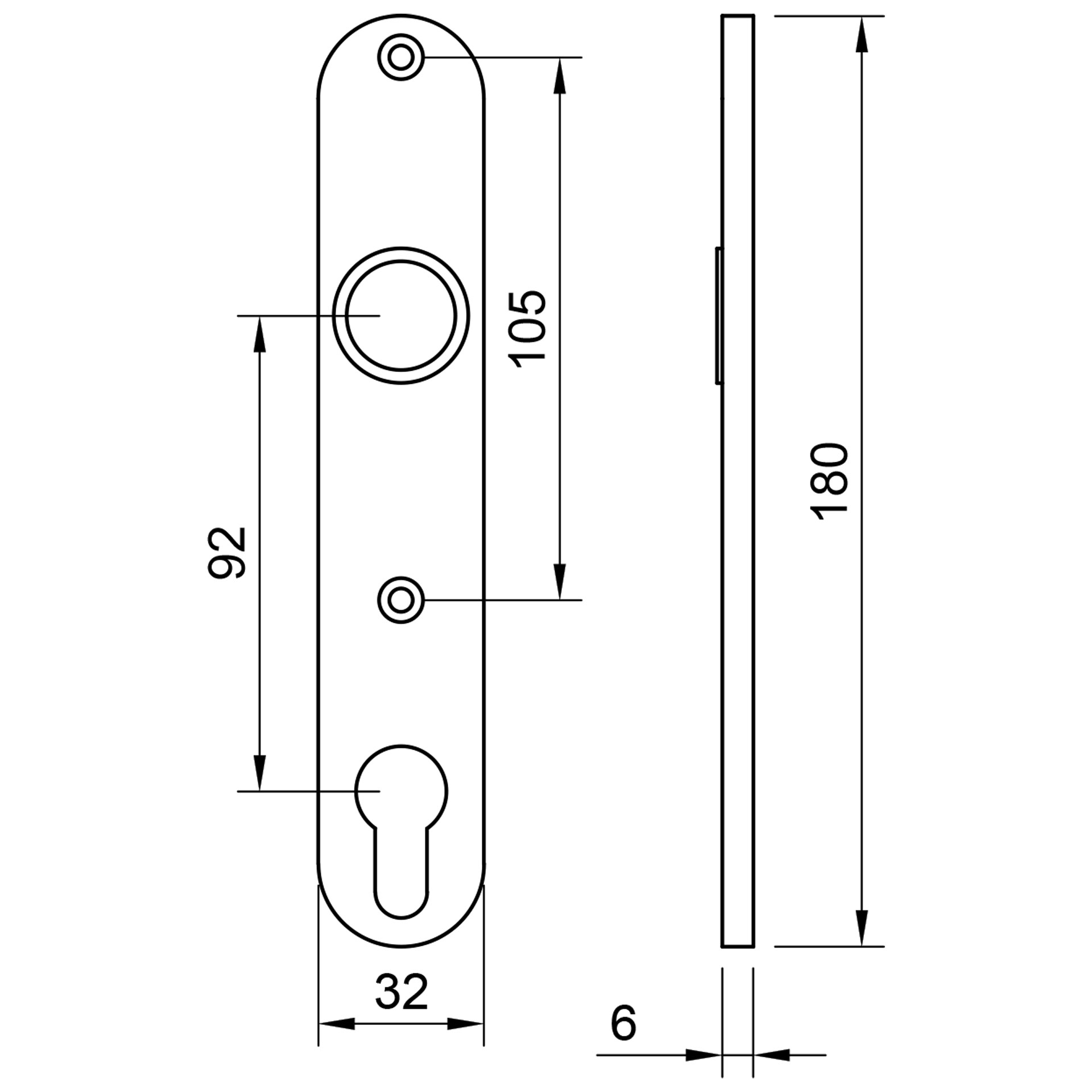 Edelstahl Drückerschild - extra lang - halbrund