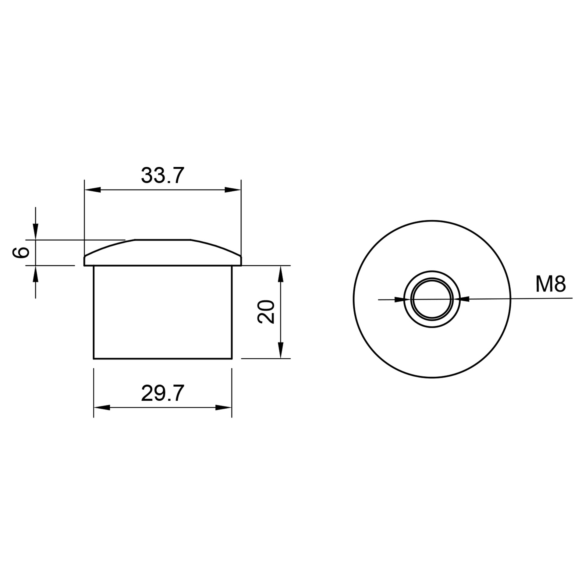 Edelstahl Abschlussstopfen gewölbt - 33,7 mm