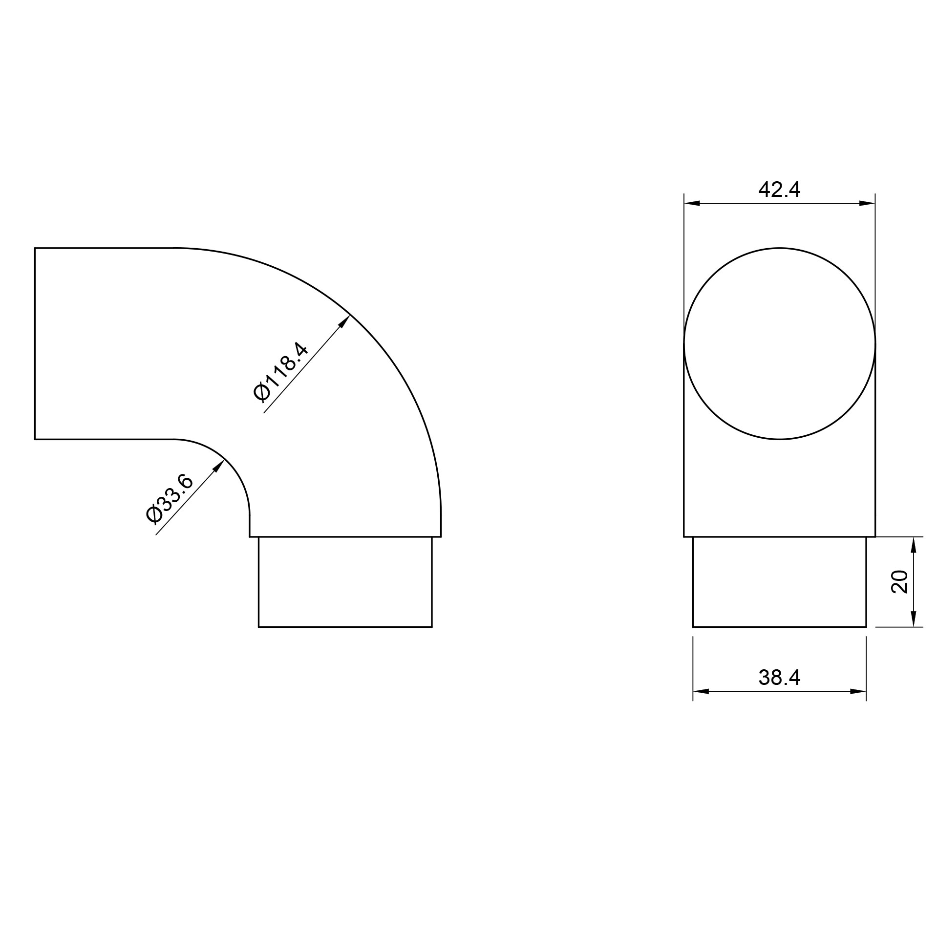 Edelstahl Abschlussbogen lang 90° - Ø 42,4 mm