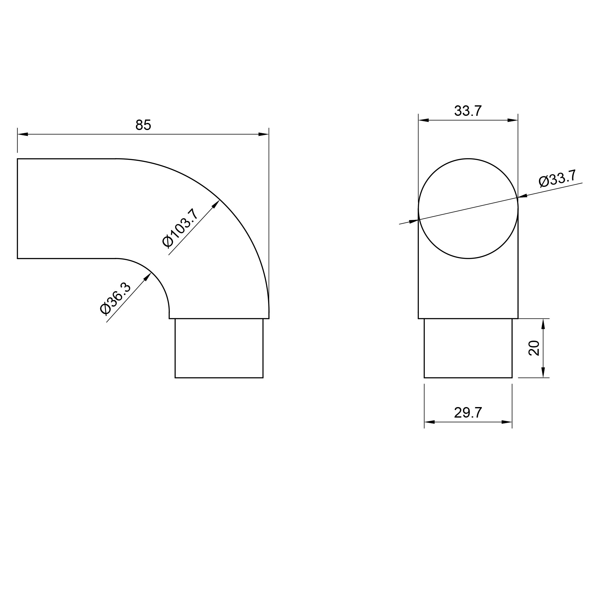 Edelstahl Abschlussbogen lang 90° - Ø 33,7 mm